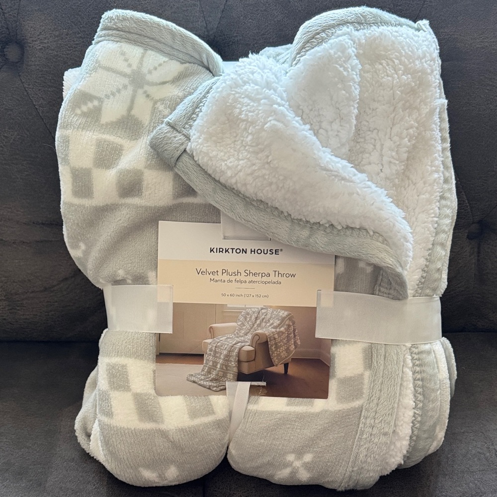 Kirkton House Velvet Plush Sherpa Throw - Gray and White 50x60